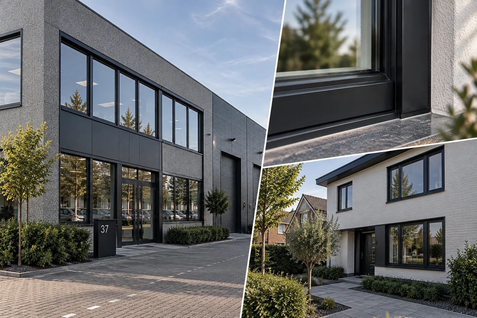 Collage van een bedrijfspand, woning en detail met donker gewrapte kozijnen